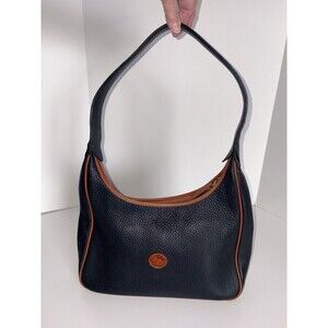 Vtg Dooney & Bourke Crescent Hobo Shoulder Bag Purse Navy British Tan Leather